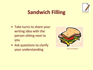 Sandwich Filling                          http://bit.ly/NhZRBm




• Take turns to share your
  writing idea with the
  pe...