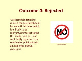 Outcome 4: Rejected
“A recommendation to
reject a manuscript should
be made if the manuscript
is unlikely to be
relevant/o...