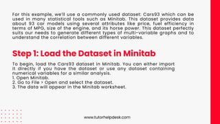 Step 1: Load the Dataset in Minitab
For this example, we’ll use a commonly used dataset: Cars93 which can be
used in many statistical tools such as Minitab. This dataset provides data
about 93 car models using several attributes like price, fuel efficiency in
terms of MPG, size of the engine, and its horse power. This dataset perfectly
suits our needs to generate different types of multi-variable graphs and to
understand the correlation between different variables.
To begin, load the Cars93 dataset in Minitab. You can either import
it directly if you have the dataset or use any dataset containing
numerical variables for a similar analysis.
1. Open Minitab.
2. Go to File > Open and select the dataset.
3. The data will appear in the Minitab worksheet.
www.tutorhelpdesk.com
 