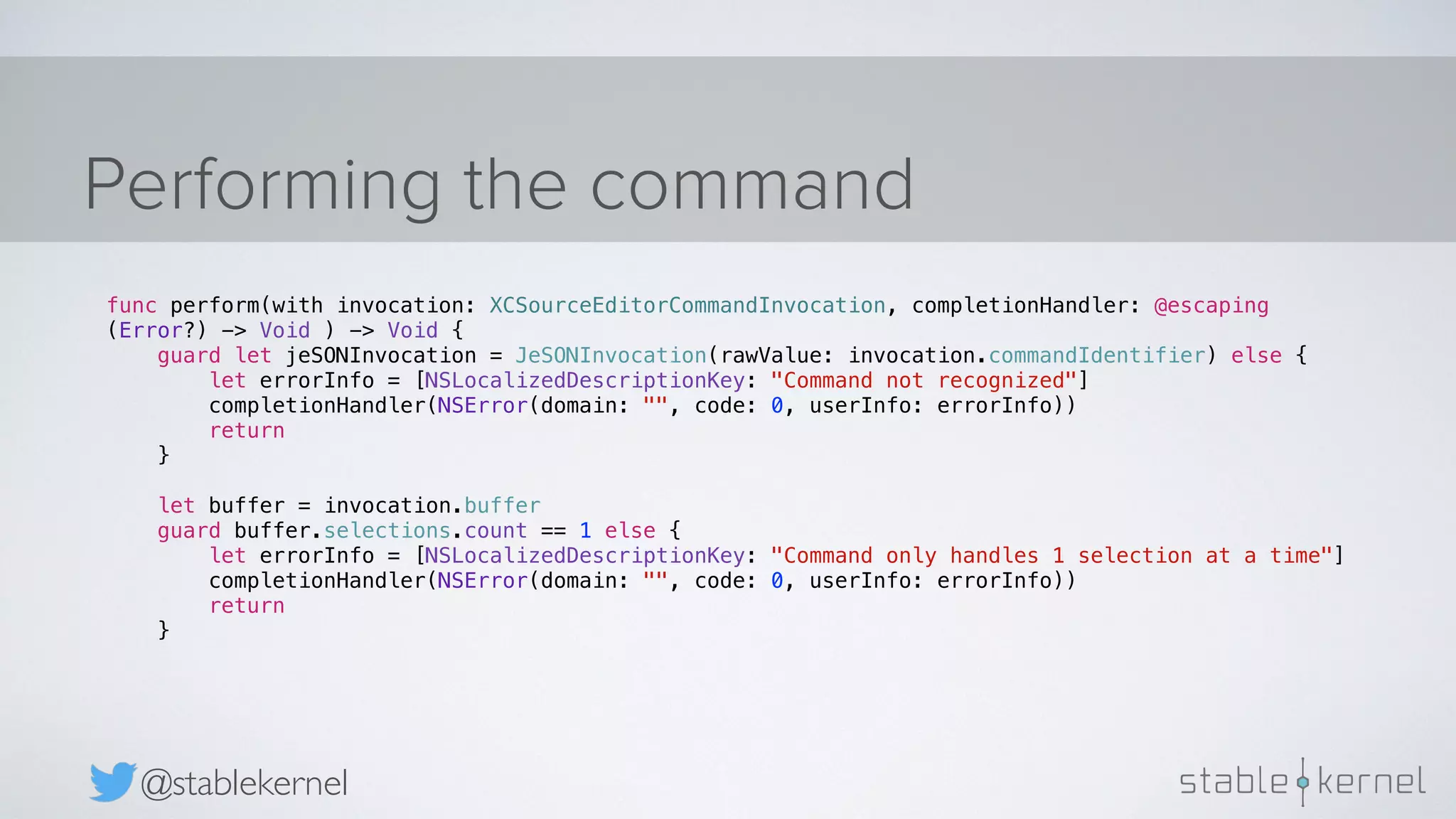 Performing the command @stablekernel func perform(with invocation: XCSourceEditorCommandInvocation, completionHandler: @escaping (Error?) -> Void ) -> Void { guard let jeSONInvocation = JeSONInvocation(rawValue: invocation.commandIdentifier) else { let errorInfo = [NSLocalizedDescriptionKey: "Command not recognized"] completionHandler(NSError(domain: "", code: 0, userInfo: errorInfo)) return } let buffer = invocation.buffer guard buffer.selections.count == 1 else { let errorInfo = [NSLocalizedDescriptionKey: "Command only handles 1 selection at a time"] completionHandler(NSError(domain: "", code: 0, userInfo: errorInfo)) return } 