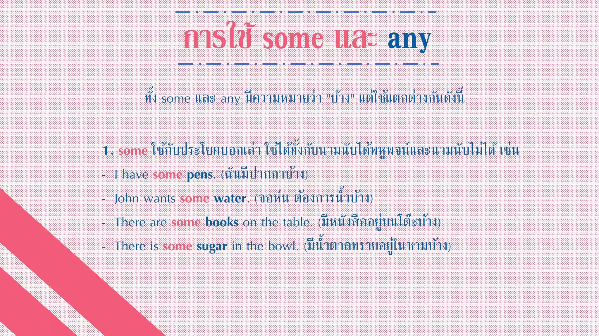 การใช้ some และ any
ทั้ง some และ any มีความหมายว่า "บ้าง" แต่ใช้แตกต่างกันดังนี้
1. some ใช้กับประโยคบอกเล่า ใช้ได้ทั้งกับนามนับได้พหูพจน์และนามนับไม่ได้เช่น
- I have some pens. (ฉันมีปากกาบ้าง)
- John wants some water. (จอห์น ต้องการน้าบ้าง)
- There are some books on the table. (มีหนังสืออยู่บนโต๊ะบ้าง)
- There is some sugar in the bowl. (มีน้าตาลทรายอยู่ในชามบ้าง)
 