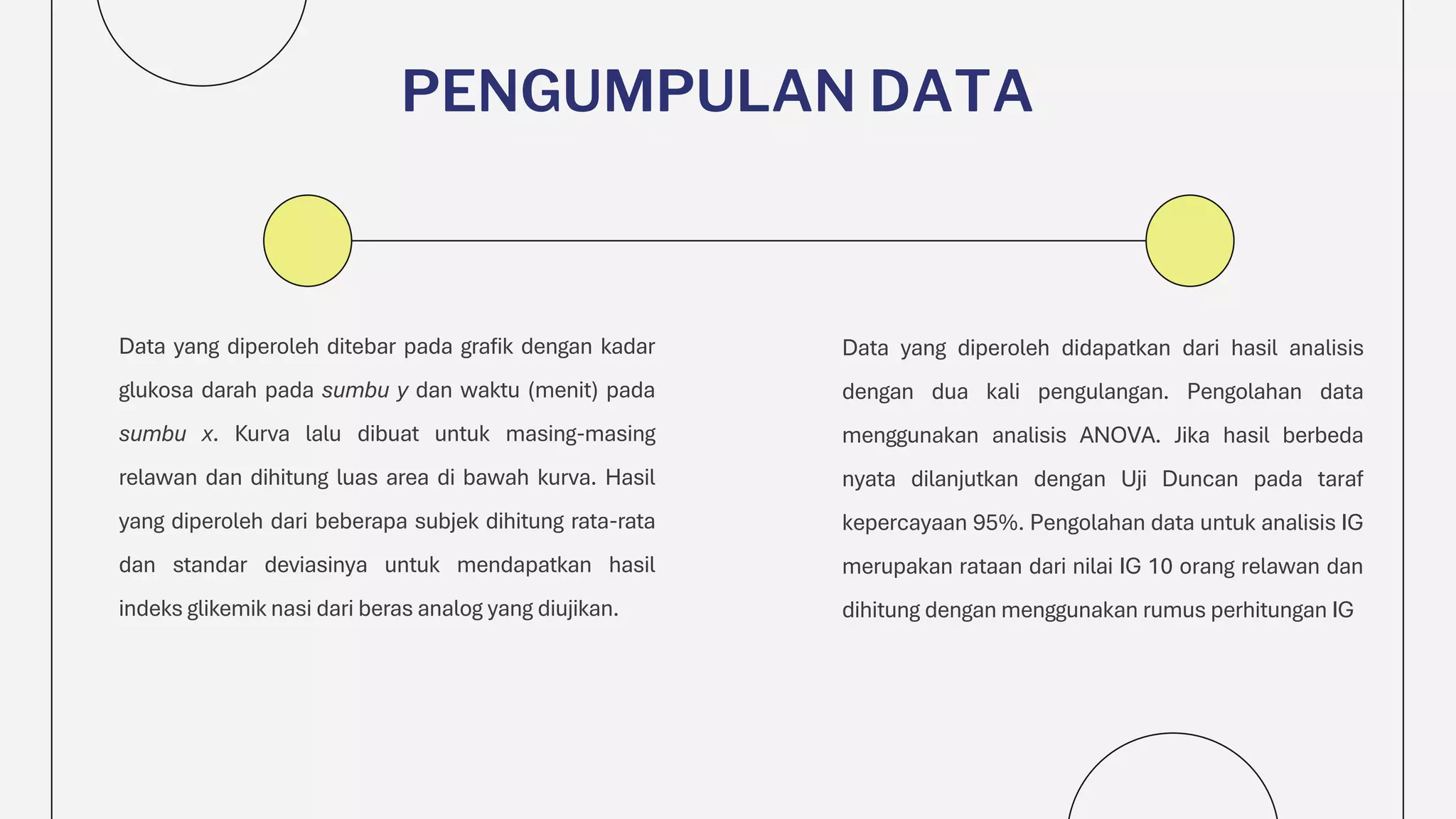 PENGUMPULAN DATA
Data yang diperoleh ditebar pada grafik dengan kadar
glukosa darah pada sumbu y dan waktu (menit) pada
sumbu x. Kurva lalu dibuat untuk masing-masing
relawan dan dihitung luas area di bawah kurva. Hasil
yang diperoleh dari beberapa subjek dihitung rata-rata
dan standar deviasinya untuk mendapatkan hasil
indeks glikemik nasi dari beras analog yang diujikan.
Data yang diperoleh didapatkan dari hasil analisis
dengan dua kali pengulangan. Pengolahan data
menggunakan analisis ANOVA. Jika hasil berbeda
nyata dilanjutkan dengan Uji Duncan pada taraf
kepercayaan 95%. Pengolahan data untuk analisis IG
merupakan rataan dari nilai IG 10 orang relawan dan
dihitung dengan menggunakan rumus perhitungan IG
 