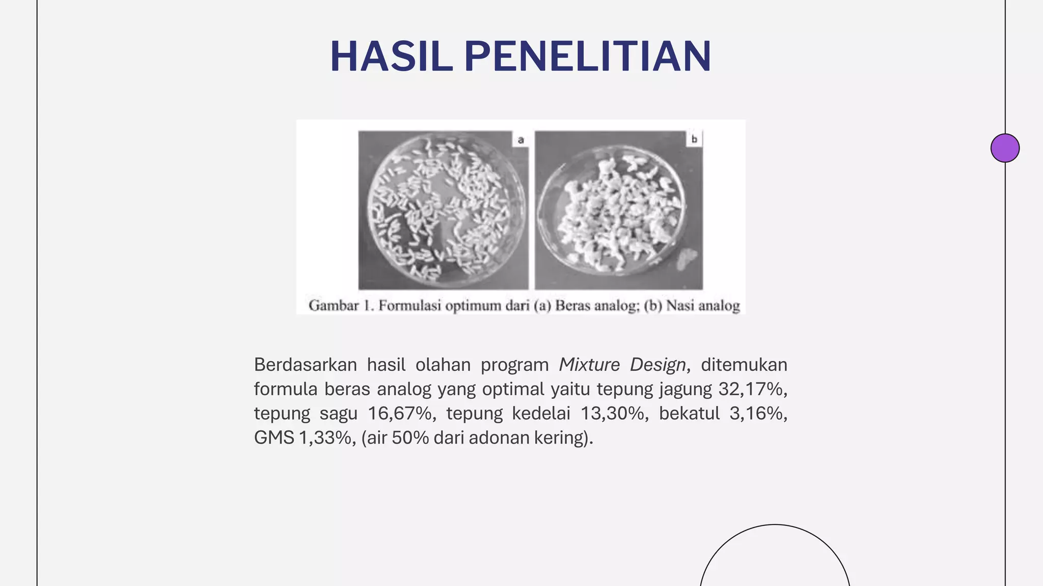 HASIL PENELITIAN
Berdasarkan hasil olahan program Mixture Design, ditemukan
formula beras analog yang optimal yaitu tepung jagung 32,17%,
tepung sagu 16,67%, tepung kedelai 13,30%, bekatul 3,16%,
GMS 1,33%, (air 50% dari adonan kering).
 