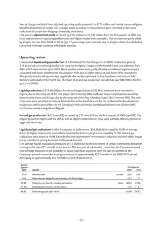 Special charges excluded from adjusted operating profit amounted to €179 million and mainly concerned gains
from the divestment of certain non strategic assets as well as re-measurement gains recorded on fair value
evaluation of certain non-hedging commodity derivatives.
First quarter adjusted net profit increased by €337 million to €1,245 million from the first quarter of 2009 due
to an improvement in operating performance and higher results from associates. This increase was partly offset
by a higher tax rate from 58.6% to 60.3%, (up 1.7 percentage points) mainly due to a higher share of profit before
tax earned in foreign countries with higher taxation.



Operating review
Eni reported liquids and gas production of 1,816 kboe/d for the first quarter of 2010. Production grew by
2.1% as a result of continuing production ramp-up in Nigeria, Congo and the United States, and additions from
fields which were started-up in 2009. These positive trends were partly offset by a combined negative impact
associated with lower entitlements in Company’s PSAs due to higher oil prices, and lower OPEC restrictions.
Also, production for the quarter was negatively affected by unplanned facility shutdowns and mature field
declines, particularly in the North Sea. The share of oil and gas production outside Italy was 90% (90% in the first
quarter of 2009).

Liquids production (1,011 kbbl/d) was barely unchanged (down 0.2%). Main increases were recorded in
Nigeria, due to the ramp-up of the Oyo project (Eni’s interest 40%) and lower impact of disruptions resulting
from security issues, and Congo, due to the ramp-up of the Awa Paloukou project (Eni’s interest 90%). The main
reductions were recorded for mature fields decline in the North Sea and for the unplanned facility downtime
in Algeria as well as price effects in the Company’s PSAs and similar contractual schemes net of lower OPEC
restrictions mainly in Angola and Nigeria.

Natural gas production (4,615 mmcf/d) increased by 217 mmcf/d from the first quarter of 2009 (up 4.8%). The
organic growth in Nigeria and the USA as well as higher entitlements in Libya were partially offset by declines in
Egypt and North Sea.

Liquids and gas realizations for the first quarter in dollar terms ($54.28/bbl) increased by 30.9% on average
driven by higher oil prices for market benchmarks (the Brent crude price increased by 71.7%). Natural gas
realizations were down by 18.9% driven by the time-lag between movements in oil prices and their effect on gas
prices provided in pricing formulae and by weak demand.
Eni’s average liquids realizations decreased by 1.13$/bbl due to the settlement of certain commodity derivatives
relating to the sale of 7.1 mmbbl in the quarter. This was part of a derivative transaction the Company entered
into to hedge exposure to the variability in future cash flows expected from the sale of a portion of the
Company’s proved reserves for an original amount of approximately 125.7 mmbbl in the 2008-2011 period,
decreasing to approximately 30.4 mmbbl as of end of March 2010.

 Fourth
 Quarter                                                                                                First Quarter
  2009      LIQUIDS                                                                                    2009       2010

  95.4      Volumes sold                                                                    (mmbbl)     92.9     85.8
  10.5      Sales volumes hedged by derivatives (cash flow hedge)                                       10.5      7.1

 69.88      Total price per barrel, excluding derivatives                                    ($/bbl)   40.63   72.06
 (1.46)     Realized gains (losses) on derivatives                                                      1.46    (1.13)

 68.42      Total average price per barrel                                                             42.09   70.93




                                                            - 12 -
 