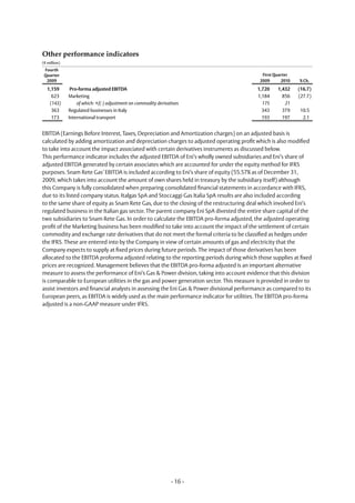 Other performance indicators
(€ million)
 Fourth
 Quarter                                                                                     First Quarter
  2009                                                                                      2009      2010   % Ch.

   1,159       Pro-forma adjusted EBITDA                                                   1,720    1,432    (16.7)
     623      Marketing                                                                    1,184      856    (27.7)
    (143)         of which: +/(-) adjustment on commodity derivatives                        175       21
     363      Regulated businesses in Italy                                                  343      379    10.5
     173      International transport                                                        193      197     2.1


EBITDA (Earnings Before Interest, Taxes, Depreciation and Amortization charges) on an adjusted basis is
calculated by adding amortization and depreciation charges to adjusted operating profit which is also modified
to take into account the impact associated with certain derivatives instruments as discussed below.
This performance indicator includes the adjusted EBITDA of Eni’s wholly owned subsidiaries and Eni’s share of
adjusted EBITDA generated by certain associates which are accounted for under the equity method for IFRS
purposes. Snam Rete Gas’ EBITDA is included according to Eni’s share of equity (55.57% as of December 31,
2009, which takes into account the amount of own shares held in treasury by the subsidiary itself) although
this Company is fully consolidated when preparing consolidated financial statements in accordance with IFRS,
due to its listed company status. Italgas SpA and Stoccaggi Gas Italia SpA results are also included according
to the same share of equity as Snam Rete Gas, due to the closing of the restructuring deal which involved Eni’s
regulated business in the Italian gas sector. The parent company Eni SpA divested the entire share capital of the
two subsidiaries to Snam Rete Gas. In order to calculate the EBITDA pro-forma adjusted, the adjusted operating
profit of the Marketing business has been modified to take into account the impact of the settlement of certain
commodity and exchange rate derivatives that do not meet the formal criteria to be classified as hedges under
the IFRS. These are entered into by the Company in view of certain amounts of gas and electricity that the
Company expects to supply at fixed prices during future periods. The impact of those derivatives has been
allocated to the EBITDA proforma adjusted relating to the reporting periods during which those supplies at fixed
prices are recognized. Management believes that the EBITDA pro-forma adjusted is an important alternative
measure to assess the performance of Eni’s Gas & Power division, taking into account evidence that this division
is comparable to European utilities in the gas and power generation sector. This measure is provided in order to
assist investors and financial analysts in assessing the Eni Gas & Power divisional performance as compared to its
European peers, as EBITDA is widely used as the main performance indicator for utilities. The EBITDA pro-forma
adjusted is a non-GAAP measure under IFRS.




                                                                 - 16 -
 