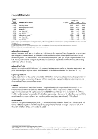 Financial Highlights

 Fourth
 Quarter                                                                                                                              First Quarter
  2009          SUMMARY GROUP RESULTS                                                                               (€ million)     2009         2010         % Ch.

  2,466         Operating profit                                                                                                   3,967        4,847         22.2
  3,702         Adjusted operating profit (a)                                                                                      3,754        4,331         15.4
    391         Net profit (b)                                                                                                     1,904        2,222         16.7
   0.11         - per share (€) (c)                                                                                                 0.53         0.61         15.1
   0.33         - per ADR ($) (c) (d)                                                                                               1.38         1.69         22.5
  1,394         Adjusted net profit (a) (b)                                                                                        1,759        1,822          3.6
   0.38         - per share (€) (c)                                                                                                 0.49         0.50          2.0
   1.12         - per ADR ($) (c) (d)                                                                                               1.28         1.38          7.8
(a) For a detailed explanation of adjusted operating profit and net profit see paragraph “Reconciliation of reported operating and net profit to results on an adjusted
basis“ page 20.
(b) Profit attributable to Eni shareholders.
(c) Fully diluted. Dollar amounts are converted on the basis of the average EUR/USD exchange rate quoted by the ECB for the periods presented.
(d) One ADR (American Depositary Receipt) is equal to two Eni ordinary shares.


Adjusted operating profit
Adjusted operating profit was €4.33 billion, up 15.4% from the first quarter of 2009. This was due to an excellent
operating performance reported by the Exploration & Production division driven by increased oil prices and
production growth. The Petrochemical division also improved versus a year ago as operating losses were cut in
half. Theses positive trends were partially offset by reduced results reported by both the Refining & Marketing
and the Gas & Power divisions.

Adjusted Net Profit
Adjusted net profit was €1.82 billion, up 3.6% compared with a year ago, as a better operating performance was
partly absorbed by the negative impact associated with an increased adjusted tax rate (from 49% to 53%).

Capital expenditures
Capital expenditures for the quarter amounted to €2.78 billion mainly related to continuing development of oil
and gas reserves, the construction of rigs and offshore vessels in the Engineering & Construction segment and
the upgrading of gas transport infrastructure.

Cash flow
The main cash inflows for the quarter were net cash generated by operating activities amounting to €4.55
billion and proceeds from divestments of €729 million. These inflows were used to fund the financing
requirements associated with capital expenditures (€2.78 billion) and to pay down finance debt. As of March
31, 2010 net borrowings2 amounted to €21.05 billion, representing a decrease of €2 billion from year end 2009,
notwithstanding negative exchange rate translation differences (down approximately €370 million).

Financial Ratios
Return on Average Capital Employed (ROACE)3 calculated on an adjusted basis at March 31, 2010 was 9.1%. The
ratio of net borrowings to shareholders’ equity including minority interest – leverage3 – decreased to 0.39 at
March 31, 2010 from 0.46 as of December 31, 2009.




(2) Information on net borrowings composition is furnished on page 27.
(3) Non-GAAP financial measures disclosed throughout this press release are accompanied by explanatory notes and tables to help investors to gain a full understanding
of said measures in line with guidance provided for by CESR Recommendation No. 2005-178b. See pages 27 and 28 for leverage and ROACE, respectively.


                                                                                 -2-
 