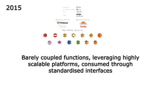 2015
Barely coupled functions, leveraging highly
scalable platforms, consumed through
standardised interfaces
 