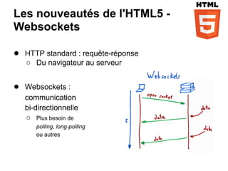 Les nouveautés de l'HTML5 -
Websockets

● HTTP standard : requête-réponse
   ○ Du navigateur au serveur


● Websockets :
   communication
   bi-directionnelle
   ○ Plus besoin de
      polling, long-polling
      ou autres
 