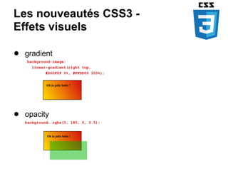 Les nouveautés CSS3 -
Effets visuels

● gradient
   background-image:
     linear-gradient(right top,
          #D60F0F 0%, #FFDD00 100%);




● opacity
  background: rgba(0, 180, 0, 0.5);
 