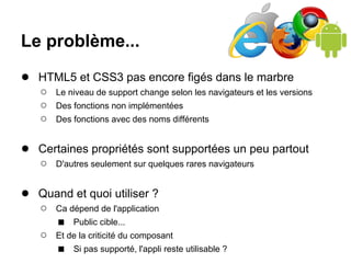 Le problème...
● HTML5 et CSS3 pas encore figés dans le marbre
   ○   Le niveau de support change selon les navigateurs et les versions
   ○   Des fonctions non implémentées
   ○   Des fonctions avec des noms différents


● Certaines propriétés sont supportées un peu partout
   ○   D'autres seulement sur quelques rares navigateurs


● Quand et quoi utiliser ?
   ○   Ca dépend de l'application
       ■   Public cible...
   ○   Et de la criticité du composant
       ■   Si pas supporté, l'appli reste utilisable ?
 