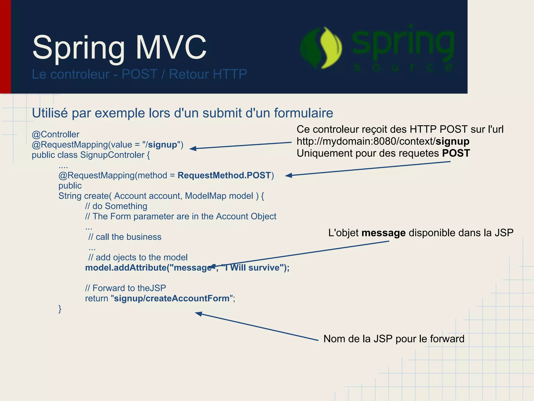 Spring MVC
Le controleur - POST / Retour HTTP
Utilisé par exemple lors d'un submit d'un formulaire
@Controller
@RequestMapping(value = "/signup")
public class SignupControler {
....
@RequestMapping(method = RequestMethod.POST)
public
String create( Account account, ModelMap model ) {
// do Something
// The Form parameter are in the Account Object
...
// call the business
...
// add ojects to the model
model.addAttribute("message", "I Will survive");
// Forward to theJSP
return "signup/createAccountForm";
}
Ce controleur reçoit des HTTP POST sur l'url
http://mydomain:8080/context/signup
Uniquement pour des requetes POST
L'objet message disponible dans la JSP
Nom de la JSP pour le forward
 
