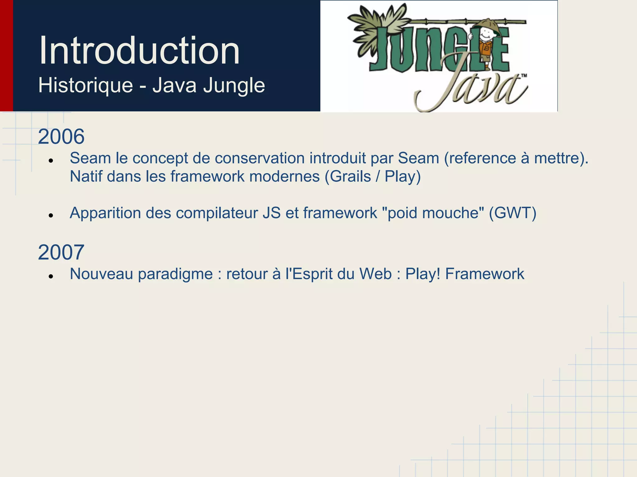 Introduction
Historique - Java Jungle
2006
● Seam le concept de conservation introduit par Seam (reference à mettre).
Natif dans les framework modernes (Grails / Play)
● Apparition des compilateur JS et framework "poid mouche" (GWT)
2007
● Nouveau paradigme : retour à l'Esprit du Web : Play! Framework
 