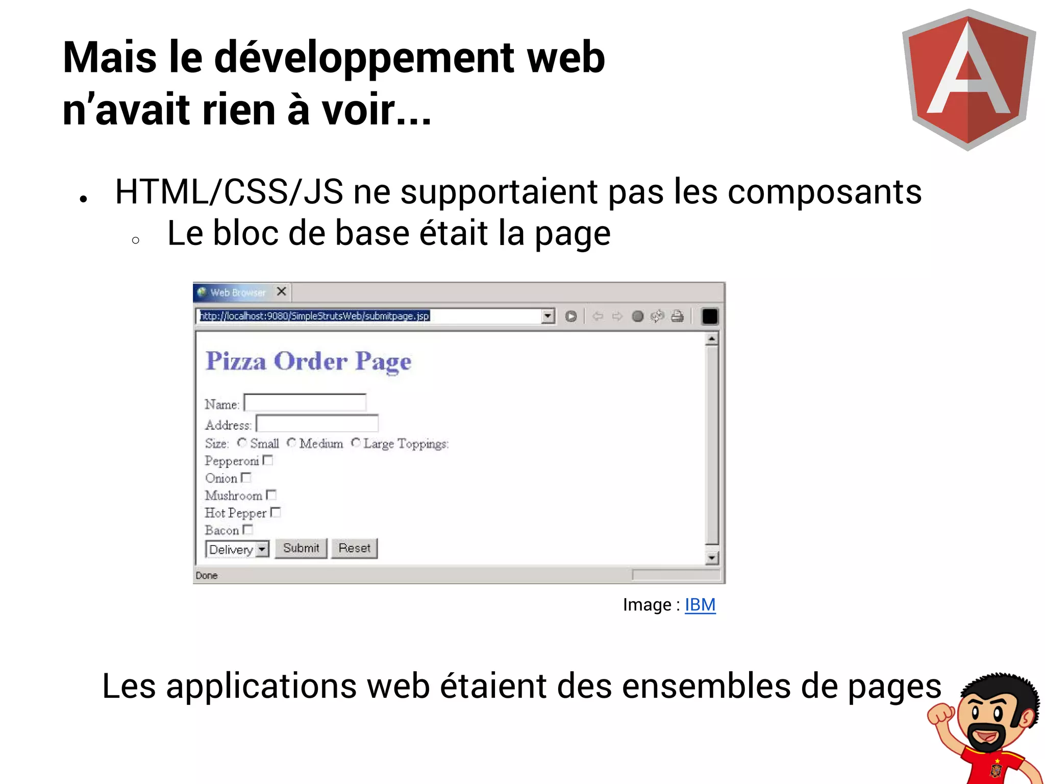 Mais le développement web
n’avait rien à voir...
●

HTML/CSS/JS ne supportaient pas les composants
○
Le bloc de base était la page

Image : IBM

Les applications web étaient des ensembles de pages

 