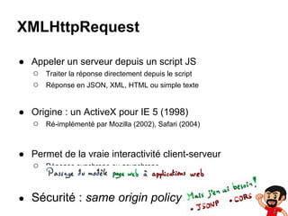 XMLHttpRequest
● Appeler un serveur depuis un script JS
○ Traiter la réponse directement depuis le script
○ Réponse en JSON, XML, HTML ou simple texte
● Origine : un ActiveX pour IE 5 (1998)
○ Ré-implémenté par Mozilla (2002), Safari (2004)
● Permet de la vraie interactivité client-serveur
○ Réponse synchrone ou asynchrone
●

Sécurité : same origin policy

 