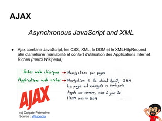 AJAX
Asynchronous JavaScript and XML
●

Ajax combine JavaScript, les CSS, XML, le DOM et le XMLHttpRequest
afin d'améliorer maniabilité et confort d'utilisation des Applications Internet
Riches (merci Wikipedia)

(c) Colgate-Palmolive
Source : Wikipedia

 