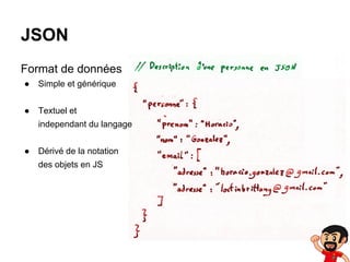 JSON
Format de données
●

Simple et générique

●

Textuel et
independant du langage

●

Dérivé de la notation
des objets en JS

 
