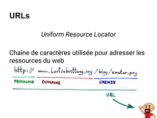 Uniform Resource Locator
Chaîne de caractères utilisée pour adresser les
ressources du web
URLs
 