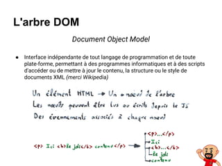 L'arbre DOM
Document Object Model
● Interface indépendante de tout langage de programmation et de toute
plate-forme, permettant à des programmes informatiques et à des scripts
d'accéder ou de mettre à jour le contenu, la structure ou le style de
documents XML (merci Wikipedia)
 