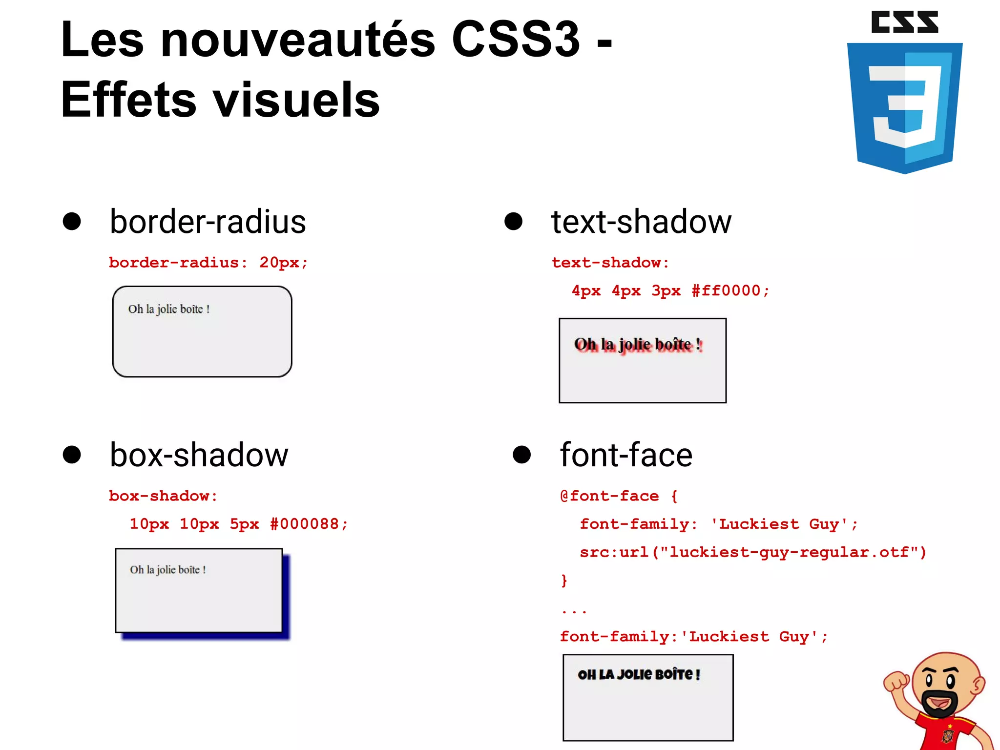 Les nouveautés CSS3 -
Effets visuels
● border-radius
border-radius: 20px;
● box-shadow
box-shadow:
10px 10px 5px #000088;
● text-shadow
text-shadow:
4px 4px 3px #ff0000;
● font-face
@font-face {
font-family: 'Luckiest Guy';
src:url("luckiest-guy-regular.otf")
}
...
font-family:'Luckiest Guy';
 