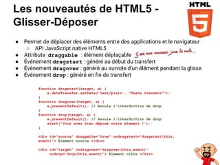 ● Permet de déplacer des éléments entre des applications et le navigateur
○ API JavaScript native HTML5
● Attribute draggable : élément déplaçable
● Événement dragstart : généré au début du transfert
● Événement dragover : généré au survole d'un élément pendant la glisse
● Événement drop : généré en fin de transfert
Les nouveautés de HTML5 -
Glisser-Déposer
function dragstart(target, e) {
e.dataTransfer.setData('text/plain', "Texte transmis"");
}
function dragover(target, e) {
e.preventDefault(); // Annule l'interdiction de drop
}
function drop(target, e) {
e.preventDefault(); // Annule l'interdiction de drop
alert('Vous avez bien déposé votre élément !');
}
<div id="source" draggable="true" ondragstart="dragstart(this,
event)"> Élement source </div>
<div id="target" ondragover="dragover(this,event)"
ondrop="drop(this,event)"> Élement cible </div>
 