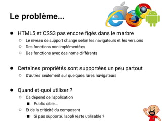 Le problème...
● HTML5 et CSS3 pas encore figés dans le marbre
○ Le niveau de support change selon les navigateurs et les versions
○ Des fonctions non implémentées
○ Des fonctions avec des noms différents
● Certaines propriétés sont supportées un peu partout
○ D'autres seulement sur quelques rares navigateurs
● Quand et quoi utiliser ?
○ Ca dépend de l'application
■ Public cible...
○ Et de la criticité du composant
■ Si pas supporté, l'appli reste utilisable ?
 