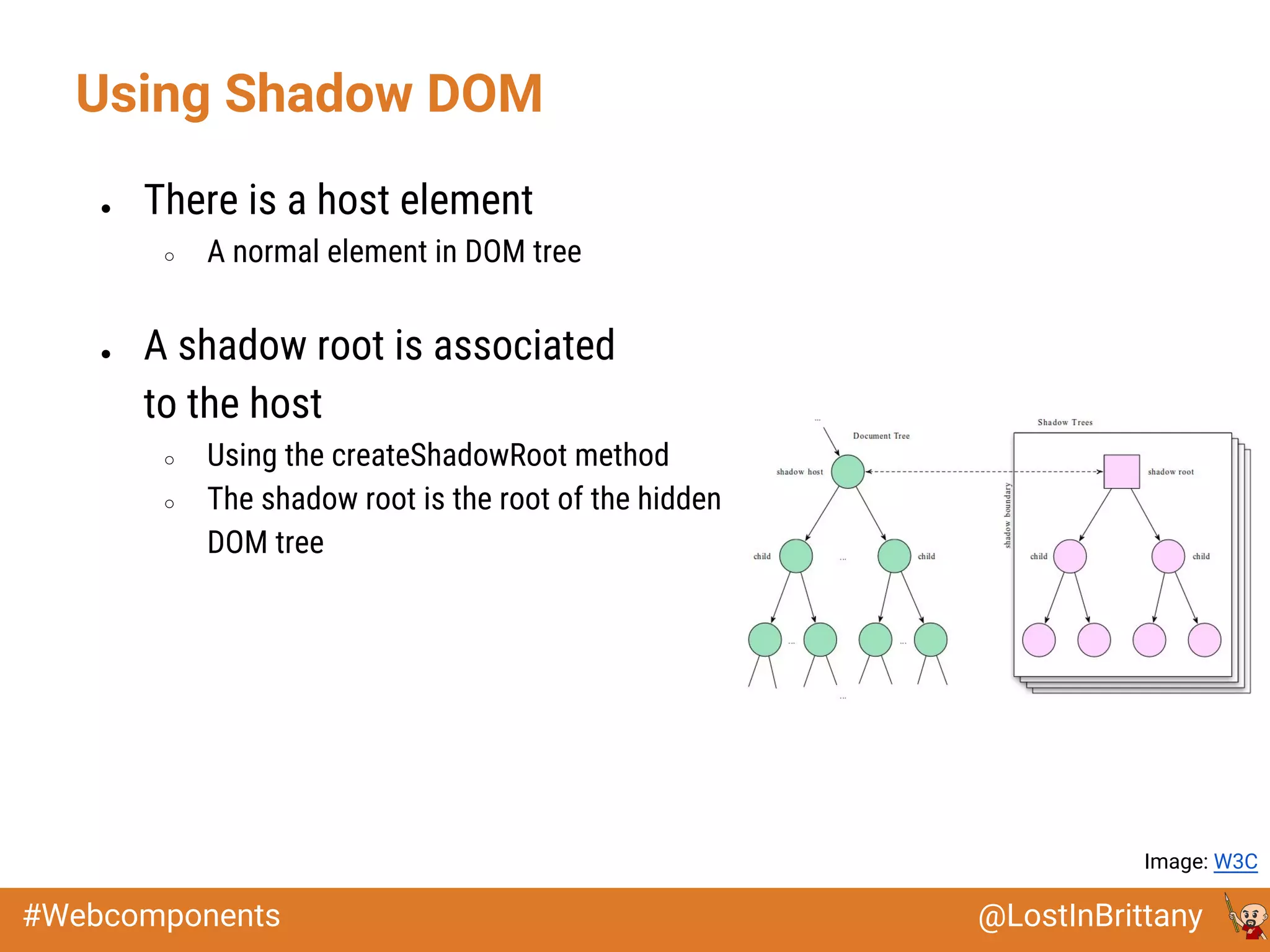 @LostInBrittany#Webcomponents
Using Shadow DOM
● There is a host element
○ A normal element in DOM tree
● A shadow root is associated
to the host
○ Using the createShadowRoot method
○ The shadow root is the root of the hidden
DOM tree
Image: W3C
 