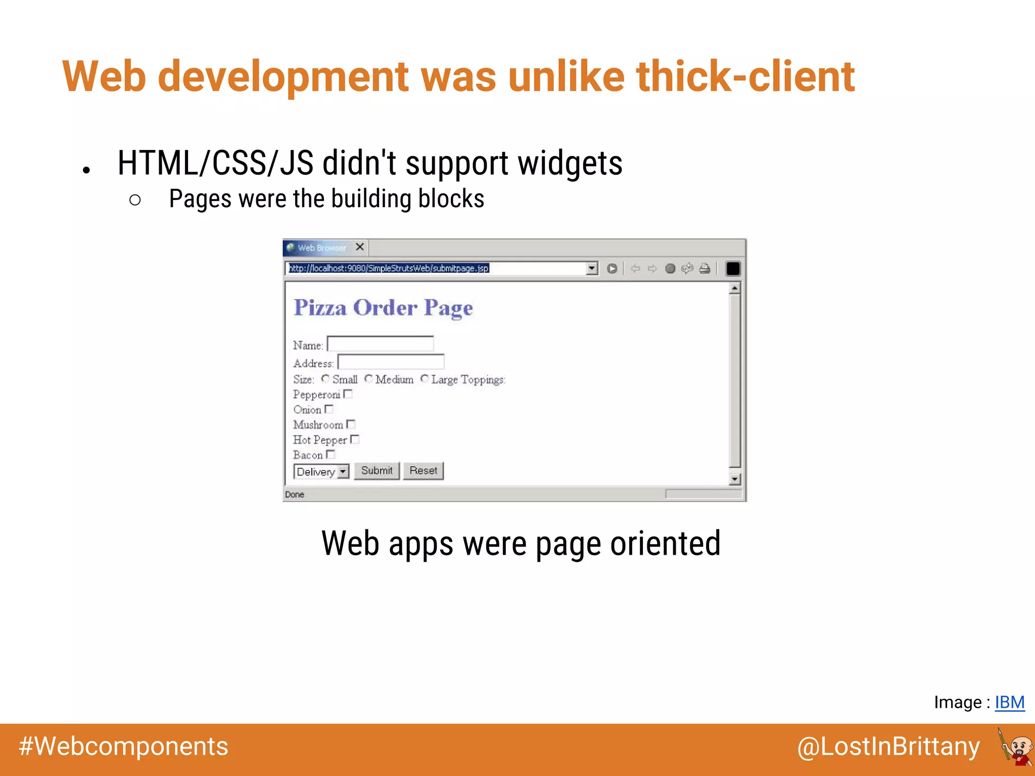@LostInBrittany#Webcomponents
Web development was unlike thick-client
● HTML/CSS/JS didn't support widgets
○ Pages were the building blocks
Web apps were page oriented
Image : IBM
 
