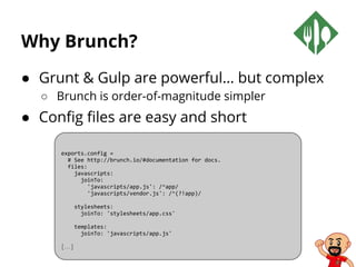 Why Brunch?
● Grunt & Gulp are powerful… but complex
○ Brunch is order-of-magnitude simpler
● Config files are easy and short
exports.config =
# See http://brunch.io/#documentation for docs.
files:
javascripts:
joinTo:
'javascripts/app.js': /^app/
'javascripts/vendor.js': /^(?!app)/
stylesheets:
joinTo: 'stylesheets/app.css'
templates:
joinTo: 'javascripts/app.js'
[…]
 