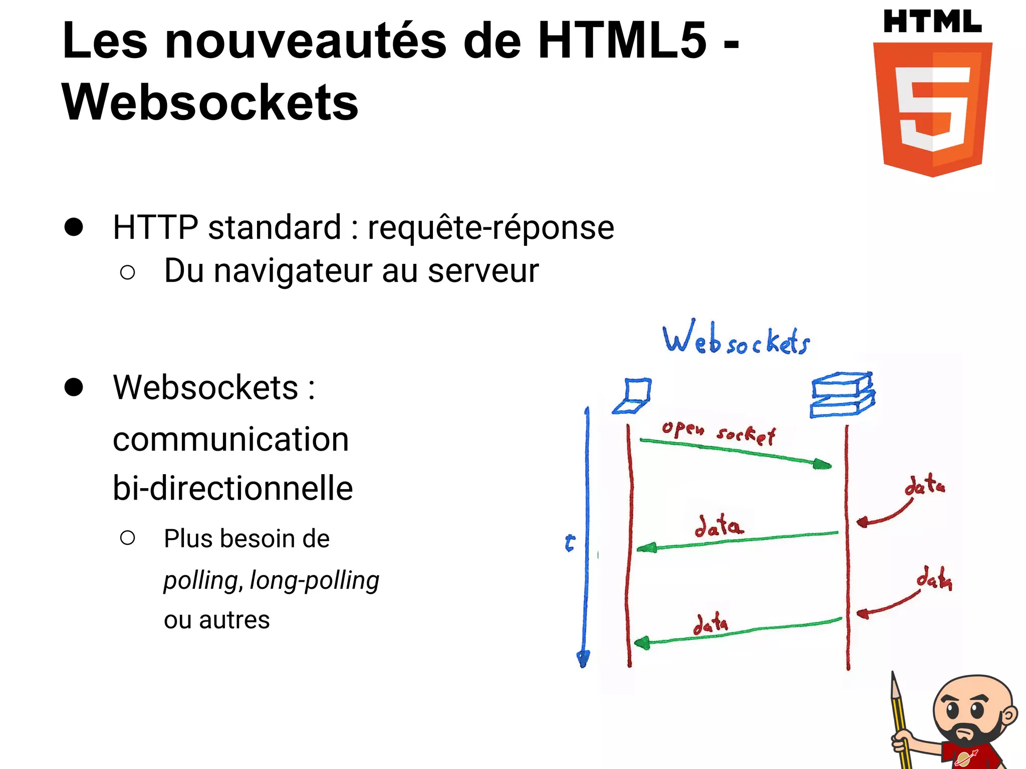 Les nouveautés de HTML5 -
Websockets
● HTTP standard : requête-réponse
○ Du navigateur au serveur
● Websockets :
communication
bi-directionnelle
○ Plus besoin de
polling, long-polling
ou autres
 