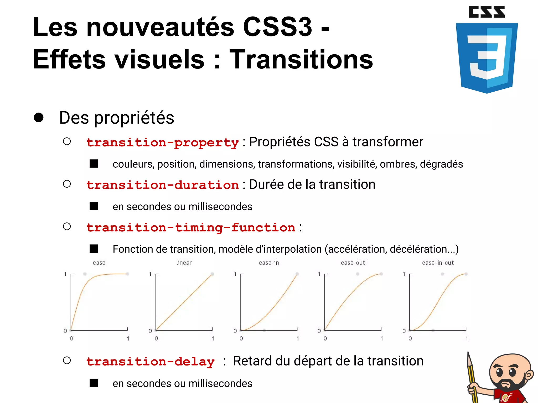 Les nouveautés CSS3 -
Effets visuels : Transitions
● Des propriétés
○ transition-property : Propriétés CSS à transformer
■ couleurs, position, dimensions, transformations, visibilité, ombres, dégradés
○ transition-duration : Durée de la transition
■ en secondes ou millisecondes
○ transition-timing-function :
■ Fonction de transition, modèle d'interpolation (accélération, décélération...)
○ transition-delay : Retard du départ de la transition
■ en secondes ou millisecondes
 
