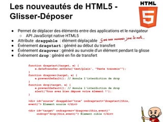 ● Permet de déplacer des éléments entre des applications et le navigateur
○ API JavaScript native HTML5
● Attribute draggable : élément déplaçable
● Événement dragstart : généré au début du transfert
● Événement dragover : généré au survole d'un élément pendant la glisse
● Événement drop : généré en fin de transfert
Les nouveautés de HTML5 -
Glisser-Déposer
function dragstart(target, e) {
e.dataTransfer.setData('text/plain', "Texte transmis"");
}
function dragover(target, e) {
e.preventDefault(); // Annule l'interdiction de drop
}
function drop(target, e) {
e.preventDefault(); // Annule l'interdiction de drop
alert('Vous avez bien déposé votre élément !');
}
<div id="source" draggable="true" ondragstart="dragstart(this,
event)"> Élement source </div>
<div id="target" ondragover="dragover(this,event)"
ondrop="drop(this,event)"> Élement cible </div>
 