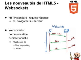 Les nouveautés de HTML5 -
Websockets
● HTTP standard : requête-réponse
○ Du navigateur au serveur
● Websockets :
communication
bi-directionnelle
○ Plus besoin de
polling, long-polling
ou autres
 