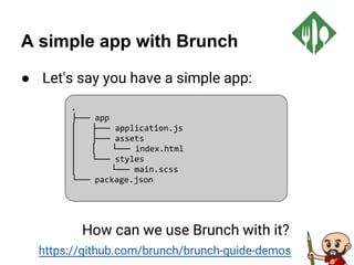 A simple app with Brunch
● Let's say you have a simple app:
How can we use Brunch with it?
https://github.com/brunch/brunch-guide-demos
.
├── app
│ ├── application.js
│ ├── assets
│ │ └── index.html
│ └── styles
│ └── main.scss
└── package.json
 