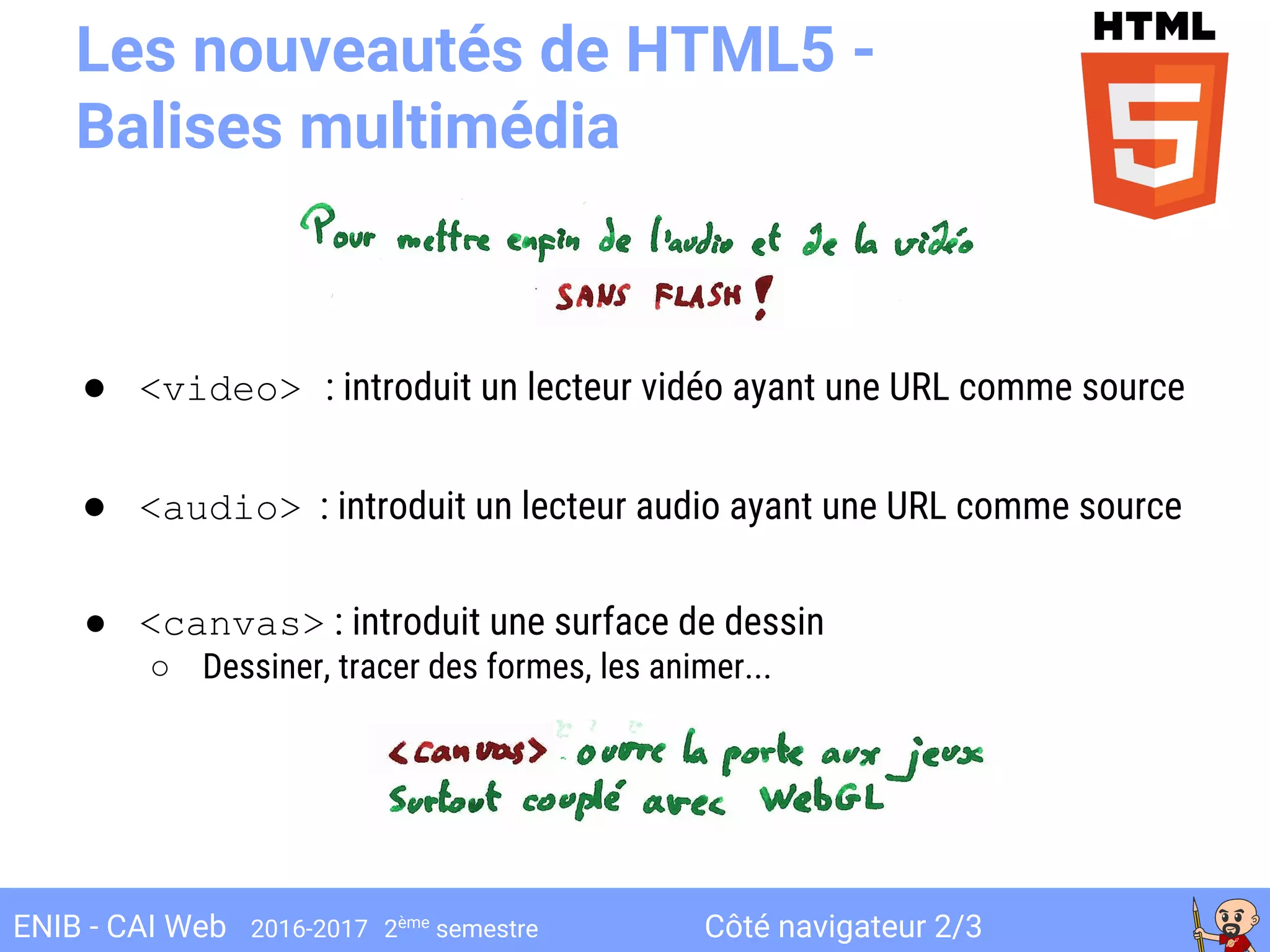 Côté navigateur 2/3ENIB - CAI Web 2016-2017 2ème
semestre
Les nouveautés de HTML5 -
Balises multimédia
● <video> : introduit un lecteur vidéo ayant une URL comme source
● <audio> : introduit un lecteur audio ayant une URL comme source
● <canvas> : introduit une surface de dessin
○ Dessiner, tracer des formes, les animer...
 