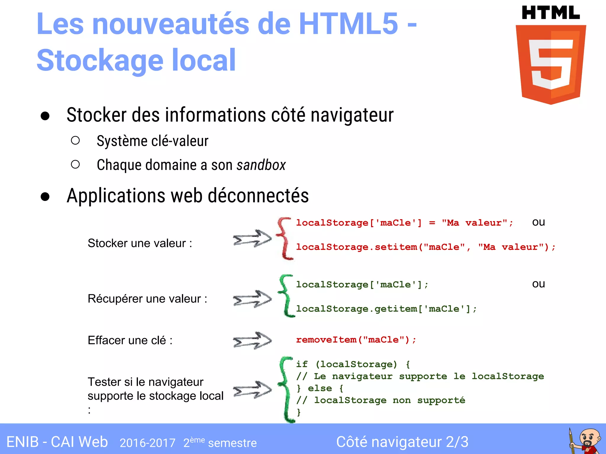 Côté navigateur 2/3ENIB - CAI Web 2016-2017 2ème
semestre
Les nouveautés de HTML5 -
Stockage local
● Stocker des informations côté navigateur
○ Système clé-valeur
○ Chaque domaine a son sandbox
● Applications web déconnectés
localStorage['maCle'] = "Ma valeur"; ou
localStorage.setitem("maCle", "Ma valeur");
localStorage['maCle']; ou
localStorage.getitem['maCle'];
removeItem("maCle");
if (localStorage) {
// Le navigateur supporte le localStorage
} else {
// localStorage non supporté
}
Stocker une valeur :
Récupérer une valeur :
Effacer une clé :
Tester si le navigateur
supporte le stockage local
:
 