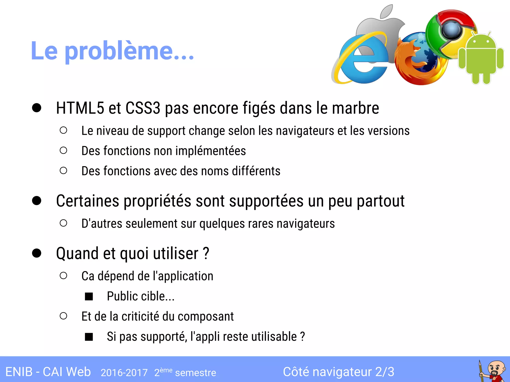 Côté navigateur 2/3ENIB - CAI Web 2016-2017 2ème
semestre
Le problème...
● HTML5 et CSS3 pas encore figés dans le marbre
○ Le niveau de support change selon les navigateurs et les versions
○ Des fonctions non implémentées
○ Des fonctions avec des noms différents
● Certaines propriétés sont supportées un peu partout
○ D'autres seulement sur quelques rares navigateurs
● Quand et quoi utiliser ?
○ Ca dépend de l'application
■ Public cible...
○ Et de la criticité du composant
■ Si pas supporté, l'appli reste utilisable ?
 