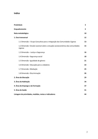 Indíce



Preâmbulo                                                                             3

Enquadramento                                                                         4

Nota metodológica                                                                     10

1. Eixo transversal                                                                   12

      1.1 Dimensão – Grupo Consultivo para a Integração das Comunidades Ciganas       13

      1.2 Dimensão –Estudo nacional sobre a situação socioeconómica das comunidades   15
      ciganas

      1.3 Dimensão – Justiça e Segurança                                              16

      1.4 Dimensão –Segurança social                                                  18

      1.5 Dimensão –Igualdade de género                                               21

      1.6 Dimensão –Educação para a cidadania                                         23

      1.7 Dimensão –Mediação                                                          25

      1.8 Dimensão –Discriminação                                                     26

2. Área da Educação                                                                   29

3. Área da Habitação                                                                  34

4. Área do Emprego e da Formação                                                      37

5. Área da Saúde                                                                      41

Listagem de prioridades, medidas, metas e indicadores                                 44




                                                                                           2
 