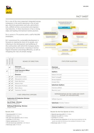 eni.com




                                                                                                                                                                                   FACT SHEET

Eni is one of the most important integrated energy                                                                     Natural gas supply, regasiﬁcation, transport,
companies in the world operating in the oil and                                                                        storage, distribution and marketing; power
                                                                                                                            generation and electricity sales
gas, electricity generation and sale, petrochemi-
cals, oilfield services construction and engineer-                                                                                    gas & power
                                                                                                                                                                 snam rete gas
                                                                                                                                                                 (eni 52.54%)

ing industries. In these businesses it has a strong
edge and leading international market position.
                                                                             exploration & production                                                                            reﬁning & marketing
Eni is active in 79 countries with a staff of 80,000
employees.                                                                     Oil and natural gas exploration,
                                                                                development and production
                                                                                                                                                                                   Reﬁning and marketing
                                                                                                                                                                                   of petroleum products


Eni’ commitment for sustainable development is
focused on making the most of its people, con-
tributing to the development and wellbeing of
                                                                                                                       saipem
                                                                             engineering & construction             (eni 42.91%)                                                     other activities

the communities with which the Company works,
protecting the environment, investing in techno-
                                                                              Services for the oil & gas industry                                                       Corporate, ﬁnancial and service companies


logical innovation and energy efficiency, as well as                                                                                   petrochemical
                                                                                                                                                                 polimeri europa
                                                                                                                                                                   (eni 100%)

mitigating the risks of climate change.
                                                                                                                                      Production and sale
                                                                                                                                   of petrochemical products
            Non Executive

                            Indipendent
Executive




                                                        BoArd oF dirECTorS                                                           STATuTory AudiTorS


                                          Chairman                                                 Chairman
                                          Giuseppe Recchi                                          Ugo Marinelli
                                          Chief Executive Officer
                                          Paolo Scaroni                                            Auditors

                                          Directors                                                Roberto Ferranti
                                          Carlo Cesare Gatto                                       Paolo Fumagalli
                                          Alessandro Lorenzi                                       Renato Righetti
                                          Paolo Marchioni
                                                                                                   Giorgio Silva
                                          Roberto Petri
                                                                                                   Substitute Auditors
                                          Alessandro Profumo
                                          Mario Resca                                              Francesco Bilotti
                                          Francesco Taranto                                        Maurizio Lauri


                                             CHiEF opErATing oFFiCErS                                        rEprESEnTATivE oF THE CorTE dEi ConTi
                                                                                                                    (CourT oF THE AudiTorS)
     Exploration & Production Division
                                                                                                   Raffaele Squitieri
     Claudio Descalzi
     Gas & Power Division
                                                                                                   Substitute: Amedeo Federici
     Domenico Dispenza
     Refining & Marketing Division
     Angelo Fanelli                                                                                  External Auditors: PricewaterhouseCooper S.p.A.


Results 2010                                                                                   Results for the First Quarter of 2011
• Operating profit: €6.32 billion                                                               • Adjusted operating profit: €5.13 billion
• Dividend: €1.00 per share                                                                     • Adjusted net profit: €2.22 billion
• Net sales from operations: €98.523 billion                                                    • Cash flow: €4.19 billion
• Cash flow: €14.694 billion                                                                    • Oil and natural gas production: Oil and natural gas production for the
• Market capitalization: €59,2 billion                                                              quarter was down by 8.6% due to the shutdown of activities in Libya
• Oil and natural gas production: 1.815 kboe/d                                                  • Natural gas sales: 32.33 bcm
• Natural gas sales: 97.06 bcm




                                                                                                                                                                       Last updated on July 15, 2011
 
