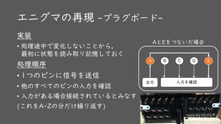 エニグマの再現 -プラグボード-
実装
• 処理途中で変化しないことから，
最初に状態を読み取り記憶しておく
処理順序
• 1つのピンに信号を送信
• 他のすべてのピンの入力を確認
• 入力がある場合接続されているとみなす
(これをA-Zの分だけ繰り返す)
A B C D E
出力 入力を確認
AとEをつないだ場合
 