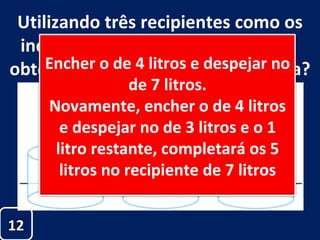 Utilizando três recipientes como os indicados abaixo, como é possível  obter, em um deles, 5 litros   de água?   12 Encher o de 4 litros e despejar no de 7 litros. Novamente, encher o de 4 litros e despejar no de 3 litros e o 1 litro restante, completará os 5 litros no recipiente de 7 litros 