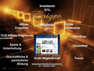 Investoren51%PrivateInvestmentsAffiliateProgrammMitglieder49%15-25 Affiliate Programmsab 1. October 2009Web-ShopSpiele &UnterhaltungGesundheitGratis MitgliedschaftTowahGeschäftliche & persönliche Bildungwww.enigrofriends.com/usernameab 1. Oktober 2009