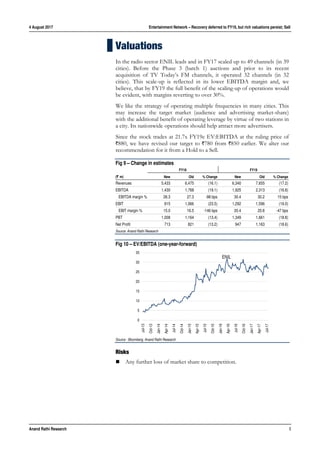 4 August 2017 Entertainment Network – Recovery deferred to FY19, but rich valuations persist; Sell
Anand Rathi Research 5
Valuations
In the radio sector ENIL leads and in FY17 scaled up to 49 channels (in 39
cities). Before the Phase 3 (batch 1) auctions and prior to its recent
acquisition of TV Today’s FM channels, it operated 32 channels (in 32
cities). This scale-up is reflected in its lower EBITDA margin and, we
believe, that by FY19 the full benefit of the scaling-up of operations would
be evident, with margins reverting to over 30%.
We like the strategy of operating multiple frequencies in many cities. This
may increase the target market (audience and advertising market-share)
with the additional benefit of operating leverage by virtue of two stations in
a city. Its nationwide operations should help attract more advertisers.
Since the stock trades at 21.7x FY19e EV:EBITDA at the ruling price of
`880, we have revised our target to `780 from `850 earlier. We alter our
recommendation for it from a Hold to a Sell.
Fig 9 – Change in estimates
FY18 FY19
(` m) New Old % Change New Old % Change
Revenues 5,433 6,475 (16.1) 6,340 7,655 (17.2)
EBITDA 1,430 1,768 (19.1) 1,925 2,313 (16.8)
EBITDA margin % 26.3 27.3 -98 bps 30.4 30.2 15 bps
EBIT 815 1,066 (23.5) 1,292 1,596 (19.0)
EBIT margin % 15.0 16.5 -146 bps 20.4 20.8 -47 bps
PBT 1,008 1,164 (13.4) 1,349 1,661 (18.8)
Net Profit 713 821 (13.2) 947 1,163 (18.6)
Source: Anand Rathi Research
Fig 10 – EV/EBITDA (one-year-forward)
Source : Bloomberg, Anand Rathi Research
Risks
 Any further loss of market share to competition.
0
5
10
15
20
25
30
35
Jul-13
Oct-13
Jan-14
Apr-14
Jul-14
Oct-14
Jan-15
Apr-15
Jul-15
Oct-15
Jan-16
Apr-16
Jul-16
Oct-16
Jan-17
Apr-17
Jul-17
ENIL
 