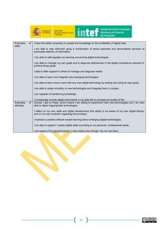 33
Examples of
skills
I have the ability necessary to update the knowledge on the availability of digital tools.
I am able to stay informed using a combination of active searches and personalized services of
automated delivery of information.
I am able to self-regulate my learning concerning digital technologies.
I am able to manage my own goals and to diagnose deficiencies in the digital competence required to
achieve those goals.
I able to offer support to others to manage and diagnose needs.
I am able to learn and integrate new emerging technologies.
I am able to learn how to work with any new digital technology by testing and using its user guide.
I am able to adapt smoothly to new technologies and integrate them in context.
I am capable of transferring knowledge.
I increasingly include digital instruments in my daily life to increase my quality of life.
Examples of
attitudes
Overall, I get on freely, which means I am willing to experiment with new technologies and I am also
able to reject inappropriate technologies.
I reflect on my own skills and digital development (the ability to be aware of my own digital literacy
and on my own evolution regarding this process).
I maintain a positive attitude toward learning about emerging digital technologies.
I am able to expand / update digital skills according to my personal / professional needs.
I am aware of the general trends in new media even though I do not use them.
 