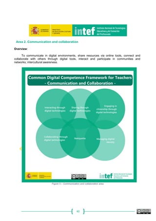 40
Area 2. Communication and collaboration
Overview:
To communicate in digital environments, share resources via online tools, connect and
collaborate with others through digital tools, interact and participate in communities and
networks; intercultural awareness.
Figure 5 – Communication and collaboration area.
 
