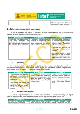 42
I develop projects and activities to
train students in digital citizenship.
2.4. Collaborating through digital technologies
To use technologies and media for teamwork, collaborative processes and for creating and
building common resources, knowledge and content.
A - FOUNDATION B - INTERMEDIATE C - ADVANCED
I collaborate, in a very simple way,
using digital resources and
applications that enable teamwork
with other teachers for exchanging
files or creating shared documents.
I discuss and develop educational
products in collaboration with
other teachers and my students,
using various tools and through
not very complex digital channels.
I am regular user of digital spaces
for collaborative work with other
teachers performing different
functions: creation, management
and / or participation.
I confidently and proactively use
various digital collaborative tools
and media.
I promote and facilitate the active
participation of the educational
community in digital collaborative
spaces integrating them in my
teaching.
2.4. Netiquette
To be familiar with the standards of conduct in online or virtual interactions, be conscious in
relation to cultural diversity, being able to protect myself and others from possible dangers online,
and develop active strategies for identifying inappropriate behavior.
A - FOUNDATION B - INTERMEDIATE C - ADVANCED
I know the basic rules of access
and behavior in social networks
and communication channels in
digital media.
I am aware of the dangers and
inadequate behavior in which
Internet can affect my students,
and the need for preventive
education.
I have the skills to communicate
digitally following and respecting
the rules of netiquette and I am
aware and respectful of cultural
diversity in the scope of digital
communication.
I apply various aspects of
netiquette to different spaces and
contexts of digital communication.
I have developed strategies to
identify inappropriate behavior
online.
2.5. Managing digital identity
To create, adapt and manage one or more digital identities, be able to protect my own digital
reputation and manage data generated through various accounts and applications used.
A - FOUNDATION B - INTERMEDIATE C - ADVANCED
I know the benefits and risks
associated with digital identity.
I know how to create my own
digital identity and track my own
I manage different digital
identities depending on the
 