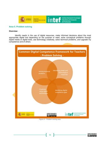50
Area 5. Problem solving
Overview:
Identify needs in the use of digital resources, make informed decisions about the most
appropriate digital tool depending on the purpose or need, solve conceptual problems through
digital media or digital tools, use technology creatively, solve technical problems, and upgrade my
competence and of others.
Figure 8 – Problem solving area.
 