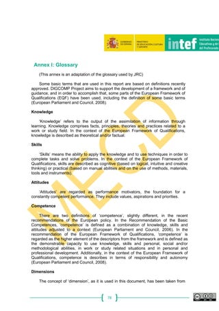 78
Annex I: Glossary
(This annex is an adaptation of the glossary used by JRC)
Some basic terms that are used in this report are based on definitions recently
approved. DIGCOMP Project aims to support the development of a framework and of
guidance, and in order to accomplish that, some parts of the European Framework of
Qualifications (EQF) have been used, including the definition of some basic terms
(European Parliament and Council, 2008).
Knowledge
‘Knowledge’ refers to the output of the assimilation of information through
learning. Knowledge comprises facts, principles, theories and practices related to a
work or study field. In the context of the European Framework of Qualifications,
knowledge is described as theoretical and/or factual.
Skills
‘Skills’ means the ability to apply the knowledge and to use techniques in order to
complete tasks and solve problems. In the context of the European Framework of
Qualifications, skills are described as cognitive (based on logical, intuitive and creative
thinking) or practical (based on manual abilities and on the use of methods, materials,
tools and instruments).
Attitudes
‘Attitudes’ are regarded as performance motivators, the foundation for a
constantly competent performance. They include values, aspirations and priorities.
Competence
There are two definitions of ‘competence’, slightly different, in the recent
recommendations of the European policy. In the Recommendation of the Basic
Competences, ‘competence’ is defined as a combination of knowledge, skills and
attitudes adjusted to a context (European Parliament and Council, 2006). In the
recommendation of the European Framework of Qualifications, ‘competence’ is
regarded as the higher element of the descriptors from the framework and is defined as
the demonstrable capacity to use knowledge, skills and personal, social and/or
methodological abilities, in work or study related situations and in personal and
professional development. Additionally, in the context of the European Framework of
Qualifications, competence is describes in terms of responsibility and autonomy
(European Parliament and Council, 2008).
Dimensions
The concept of ‘dimension’, as it is used in this document, has been taken from
 