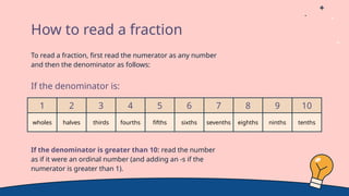 To read a fraction, first read the numerator as any number
and then the denominator as follows:
If the denominator is greater than 10: read the number
as if it were an ordinal number (and adding an -s if the
numerator is greater than 1).
How to read a fraction
1 2 3 4 5 6 7 8 9 10
wholes halves thirds fourths fifths sixths sevenths eighths ninths tenths
If the denominator is:
 