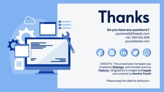 CREDITS: This presentation template was
created by Slidesgo, and includes icons by
Flaticon, infographics & images by Freepik
and contents by Swetha Tandri
Thanks
Do you have any questions?
youremail@freepik.com
+91 620 421 838
yourwebsite.com
Please keep this slide for attribution
 