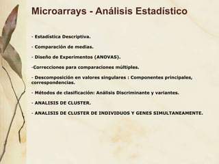 Microarrays - Análisis Estadístico Estadística Descriptiva. Comparaci ón de medias. Diseño de Experimentos (ANOVAS). Correcciones para comparaciones múltiples. Descomposición en valores singulares : Componentes principales, correspondencias. Métodos de clasificación: Análisis Discriminante y variantes. ANALISIS DE CLUSTER. ANALISIS DE CLUSTER DE INDIVIDUOS Y GENES SIMULTANEAMENTE. 